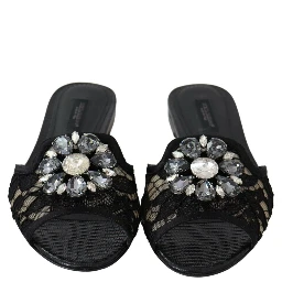 Black Taormina Lace Slides Crystals Flats Shoes