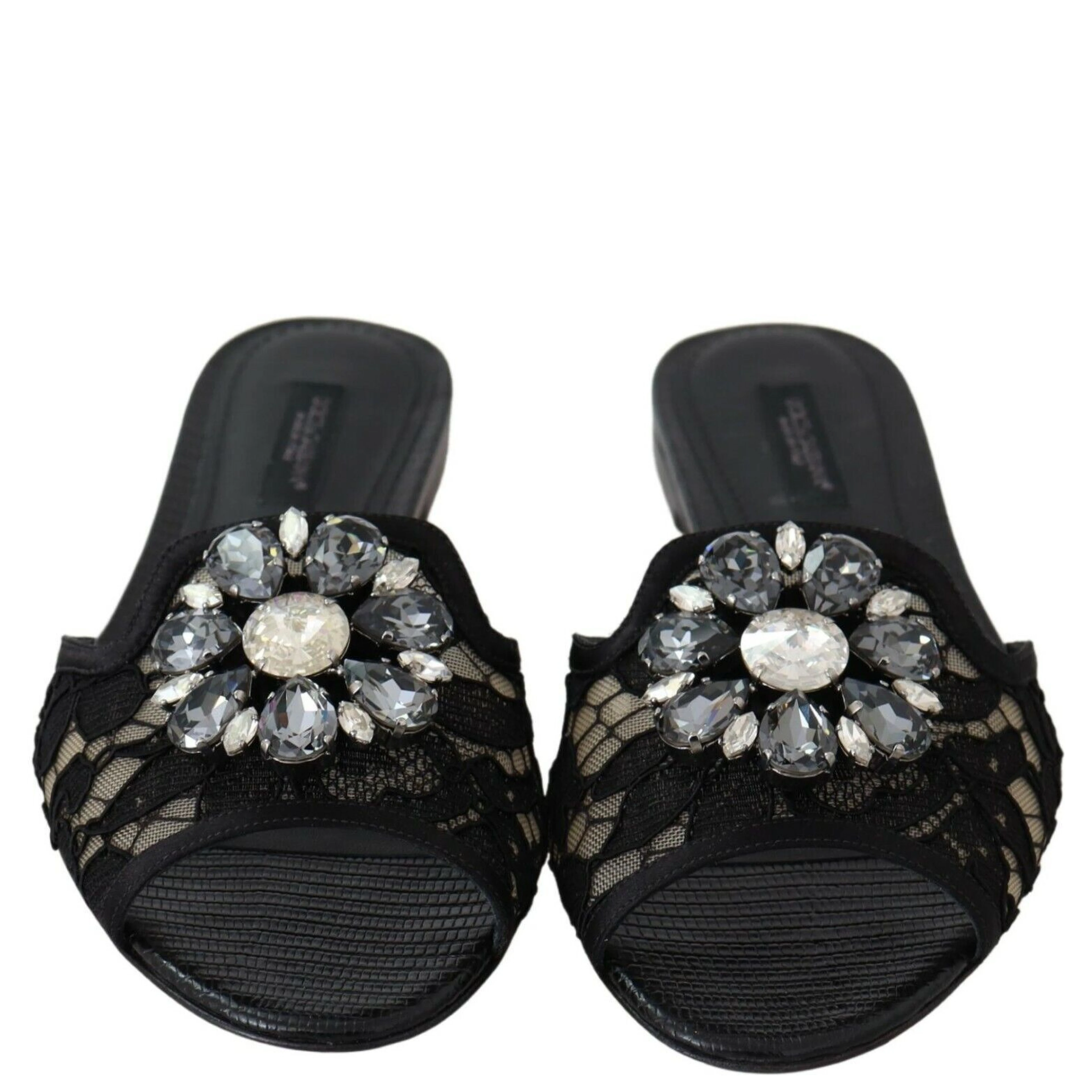 Black Taormina Lace Slides Crystals Flats Shoes