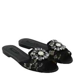 Black Taormina Lace Slides Crystals Flats Shoes