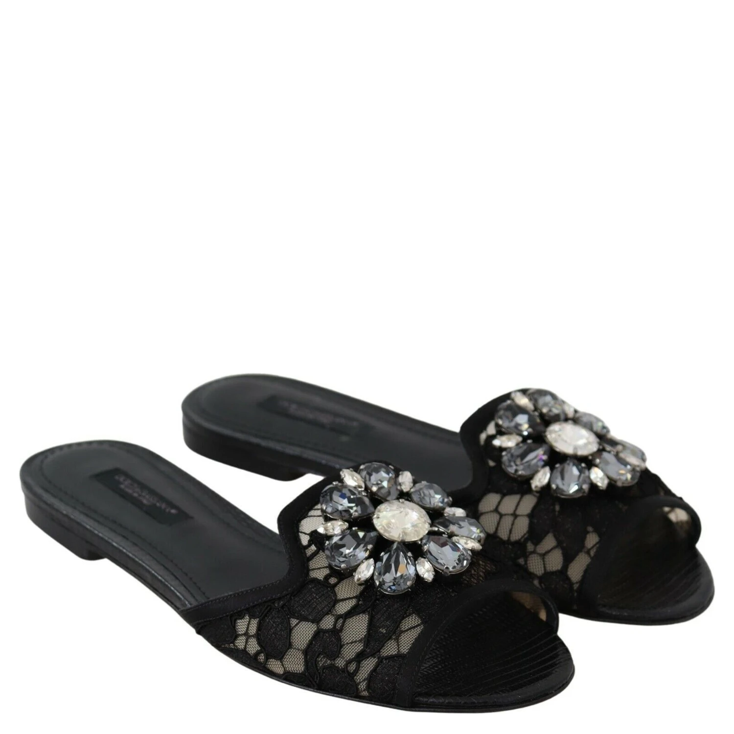 Black Taormina Lace Slides Crystals Flats Shoes