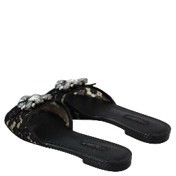 Black Taormina Lace Slides Crystals Flats Shoes