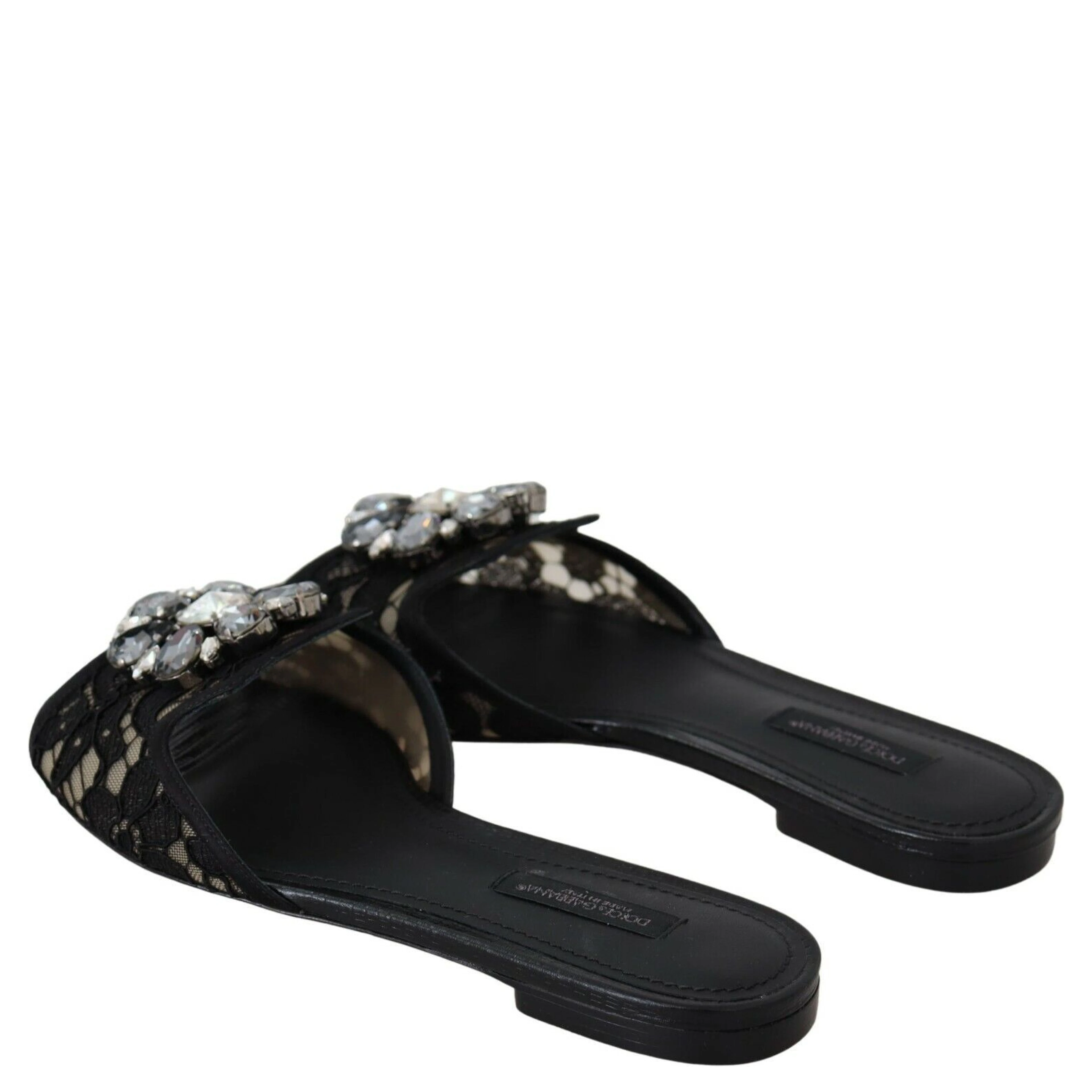 Black Taormina Lace Slides Crystals Flats Shoes
