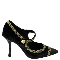 Black Embellished Velvet Mary Jane Pumps Shoes
