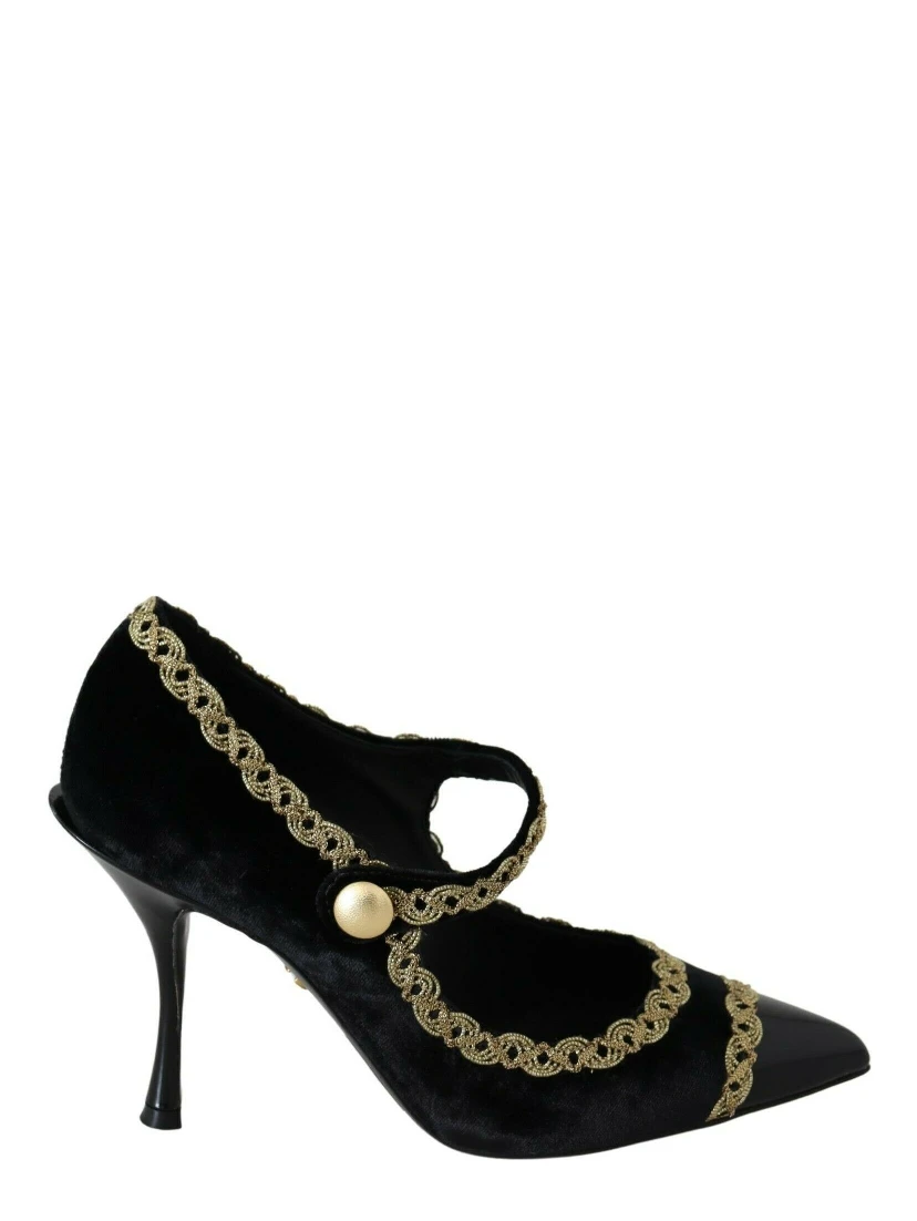 Black Embellished Velvet Mary Jane Pumps Shoes