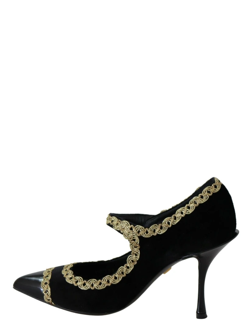 Black Embellished Velvet Mary Jane Pumps Shoes