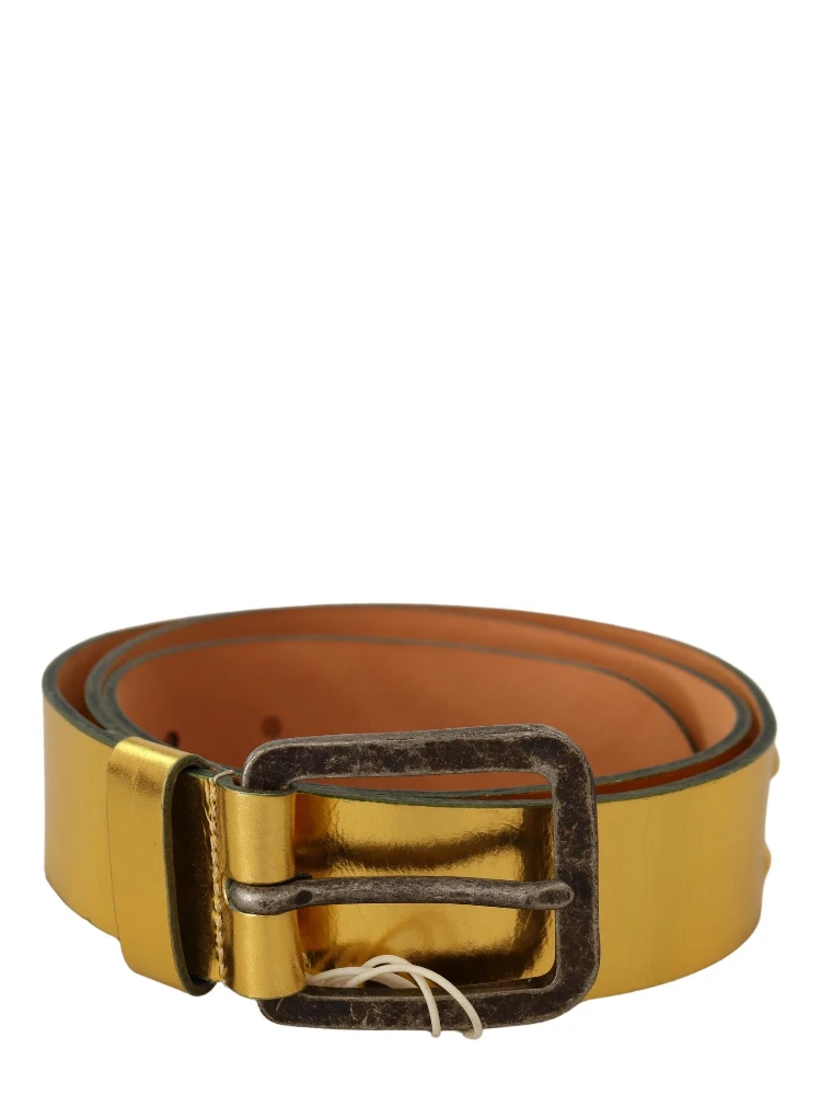 Gold Genuine Leather Rustic Silver Buckle Waist Belt