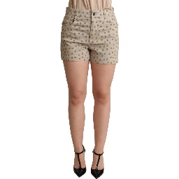 Beige Polka Dots Denim Cotton Stretch Shorts