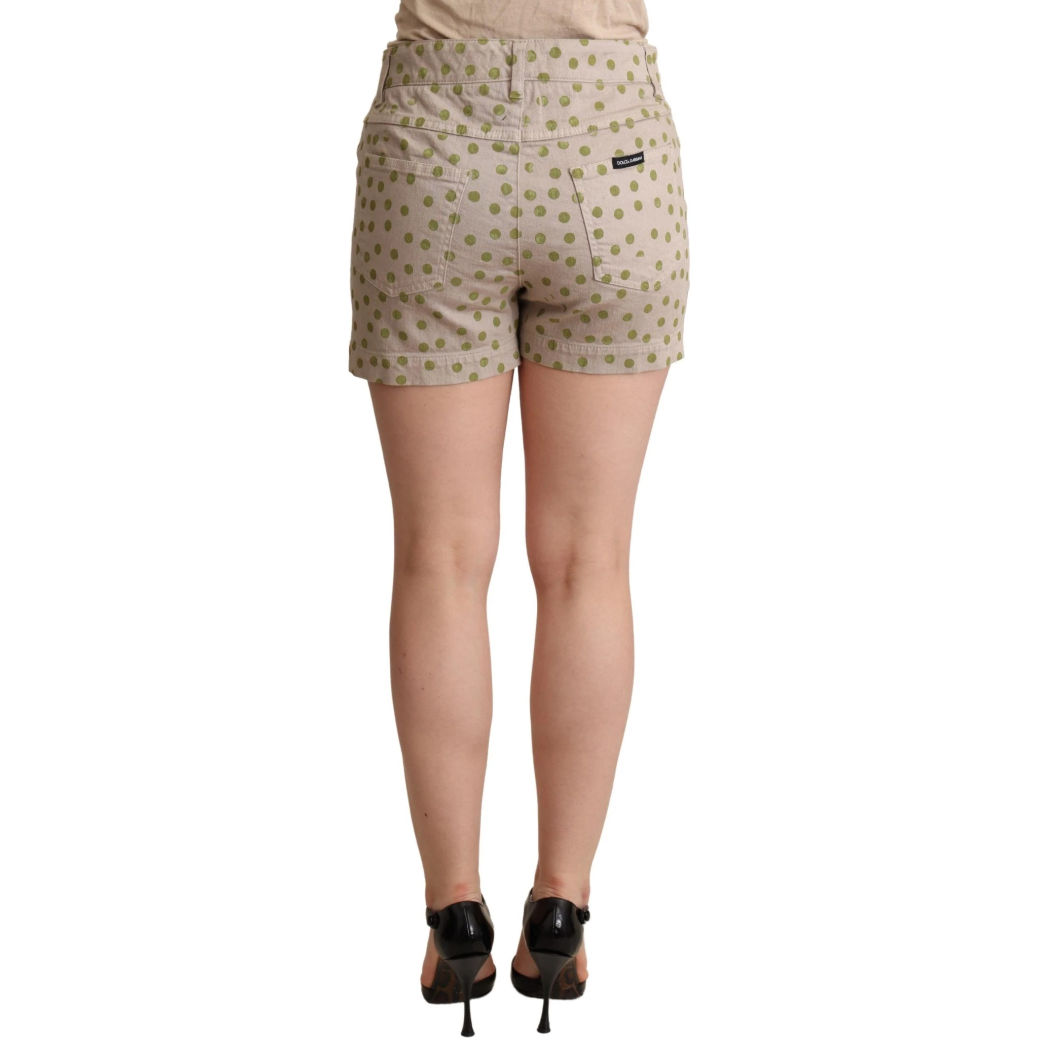 Beige Polka Dots Denim Cotton Stretch Shorts