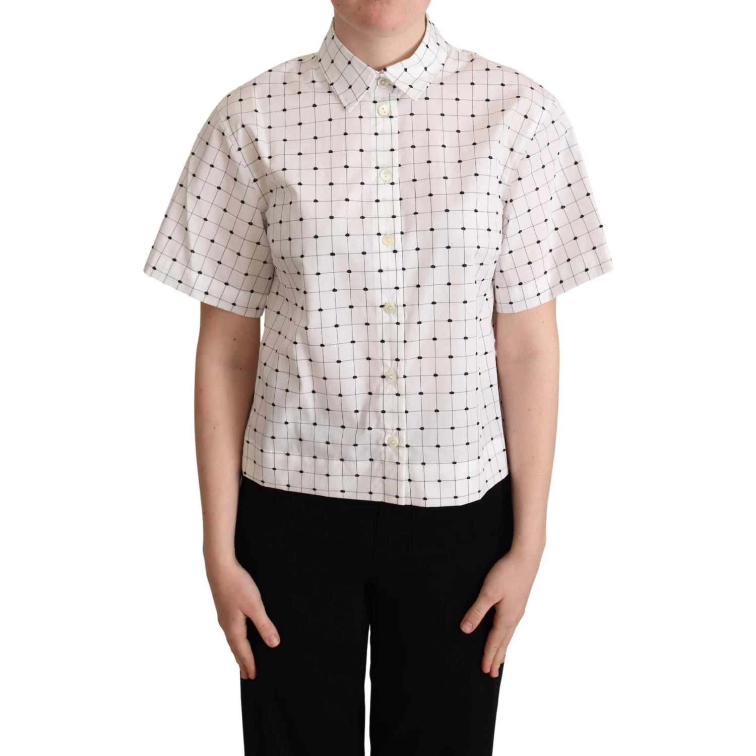 White Polka Dot Cotton Collared Shirt Top
