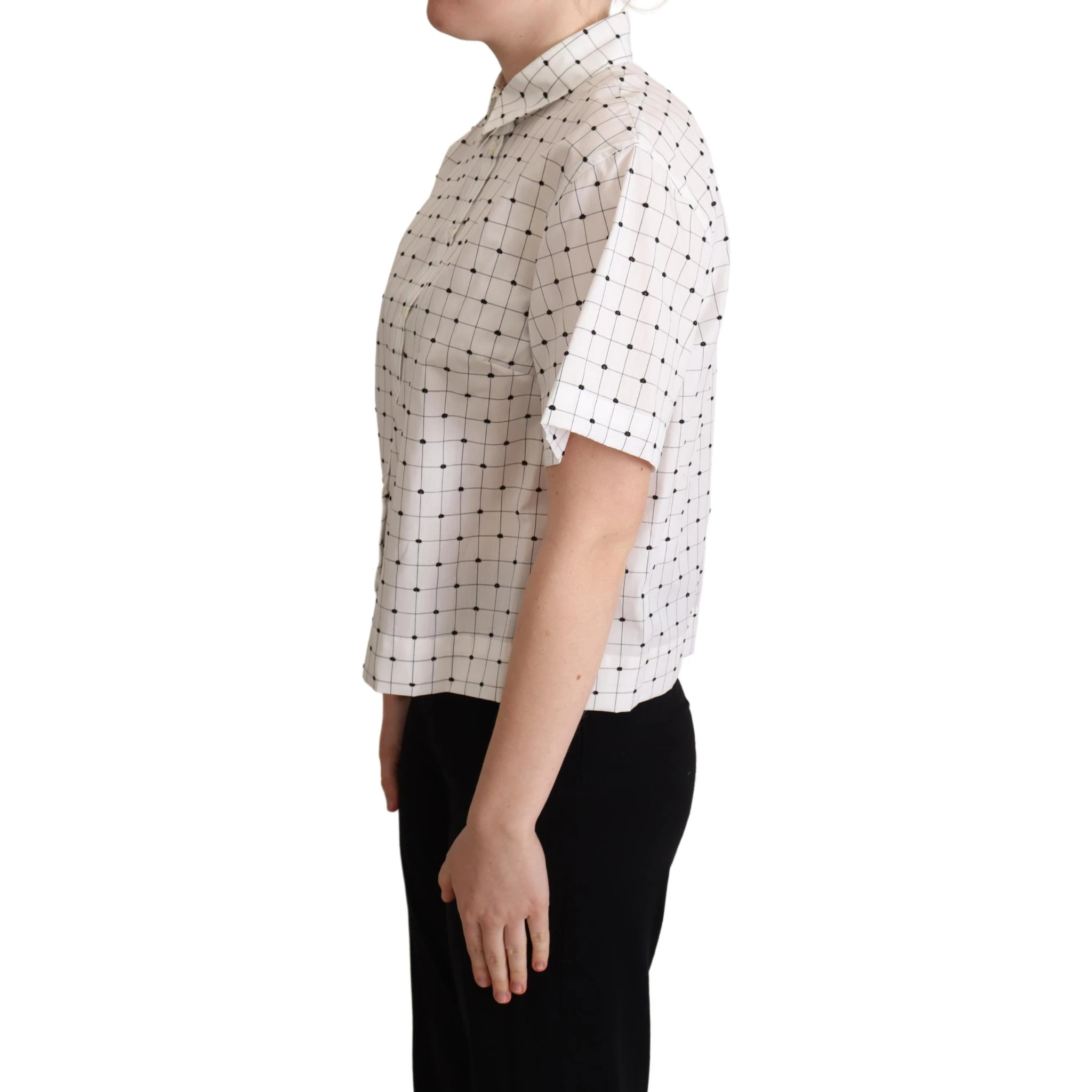 White Polka Dot Cotton Collared Shirt Top