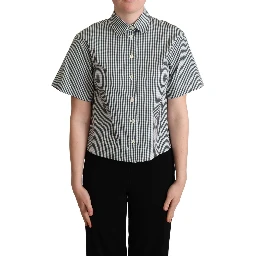 White Green Cotton Check Shirt Blouse Top