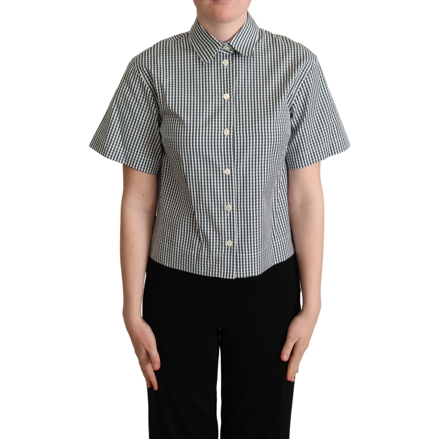 White Green Cotton Check Shirt Blouse Top