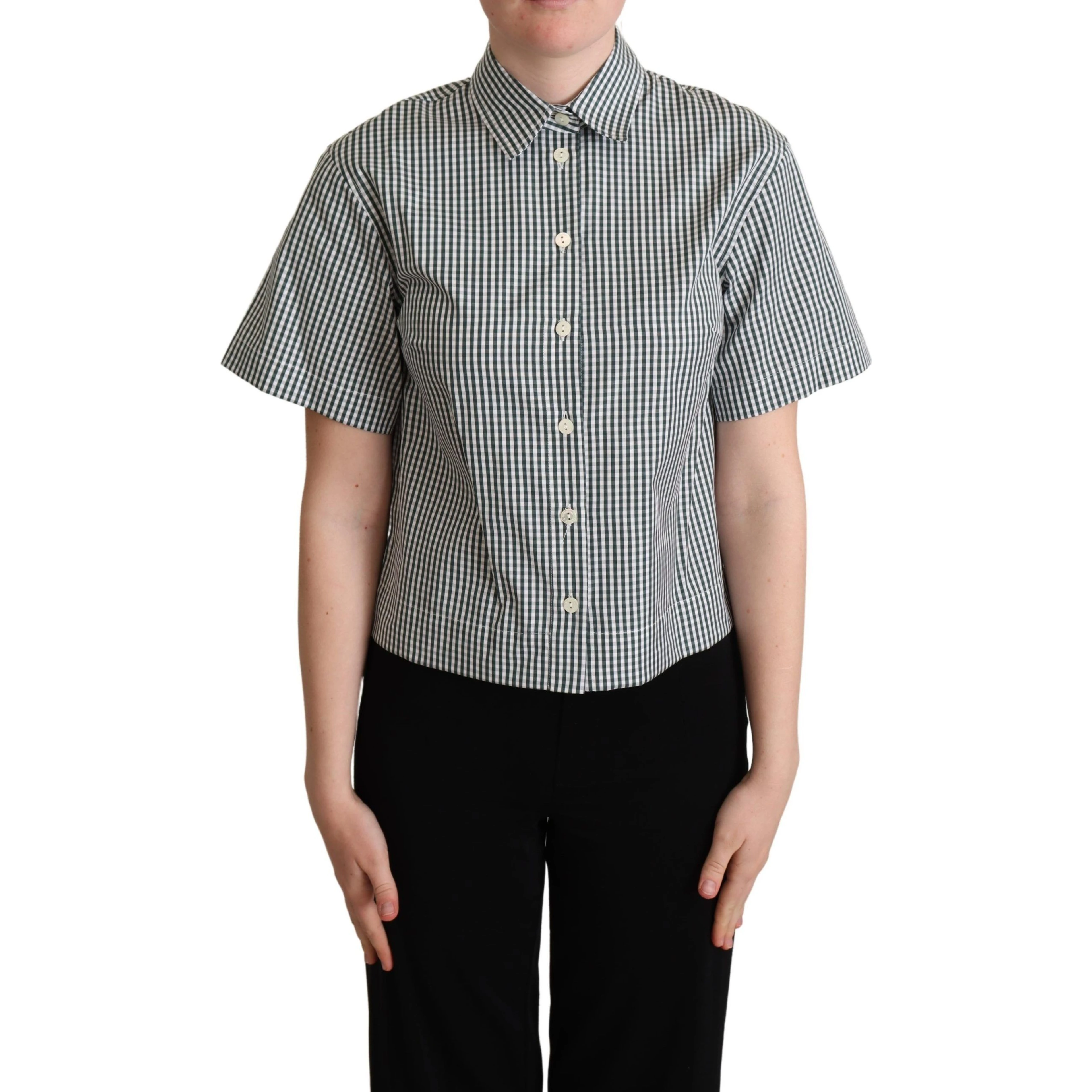 White Green Cotton Check Shirt Blouse Top