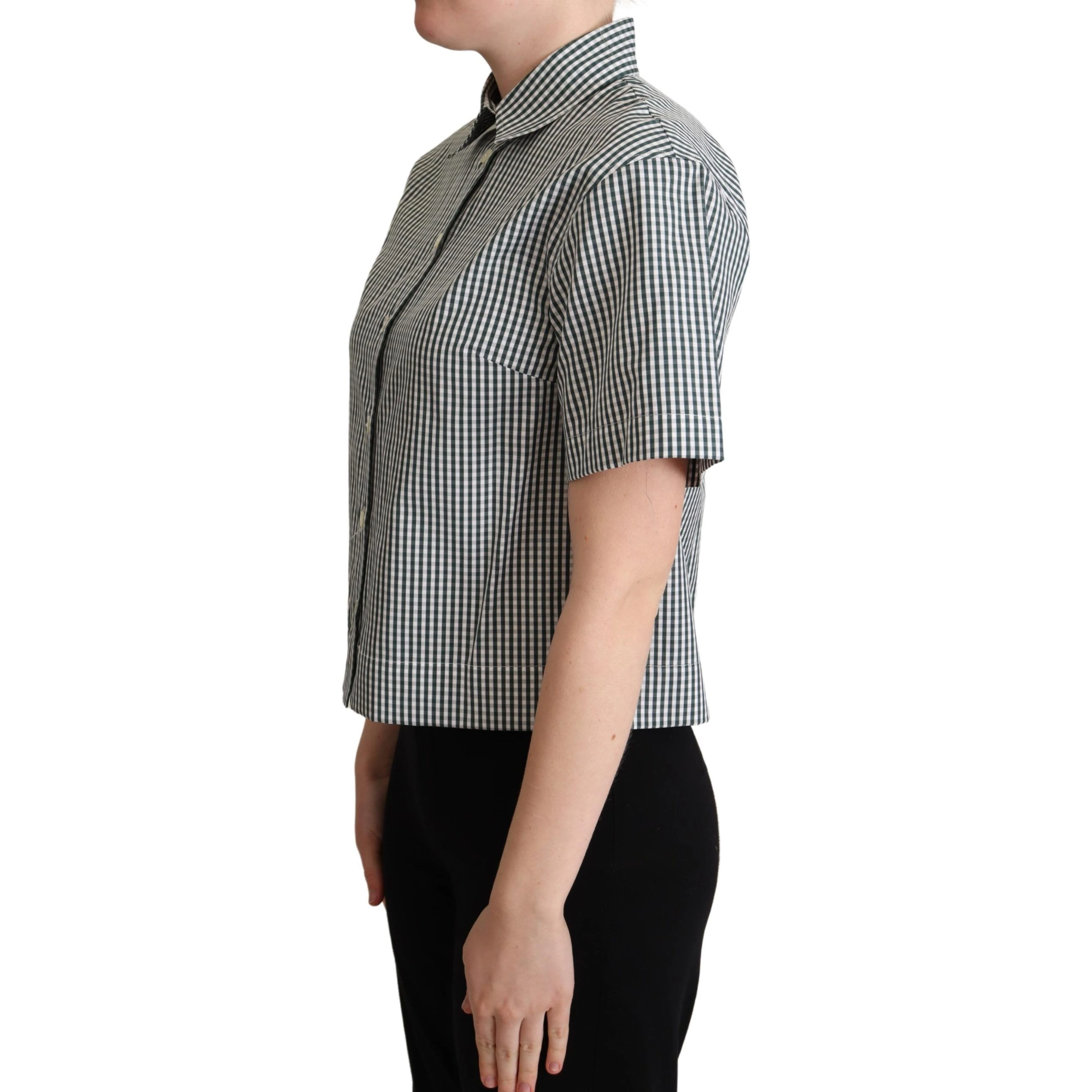 White Green Cotton Check Shirt Blouse Top