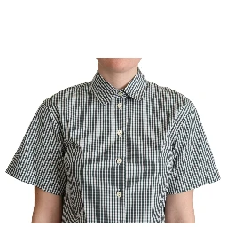 White Green Cotton Check Shirt Blouse Top