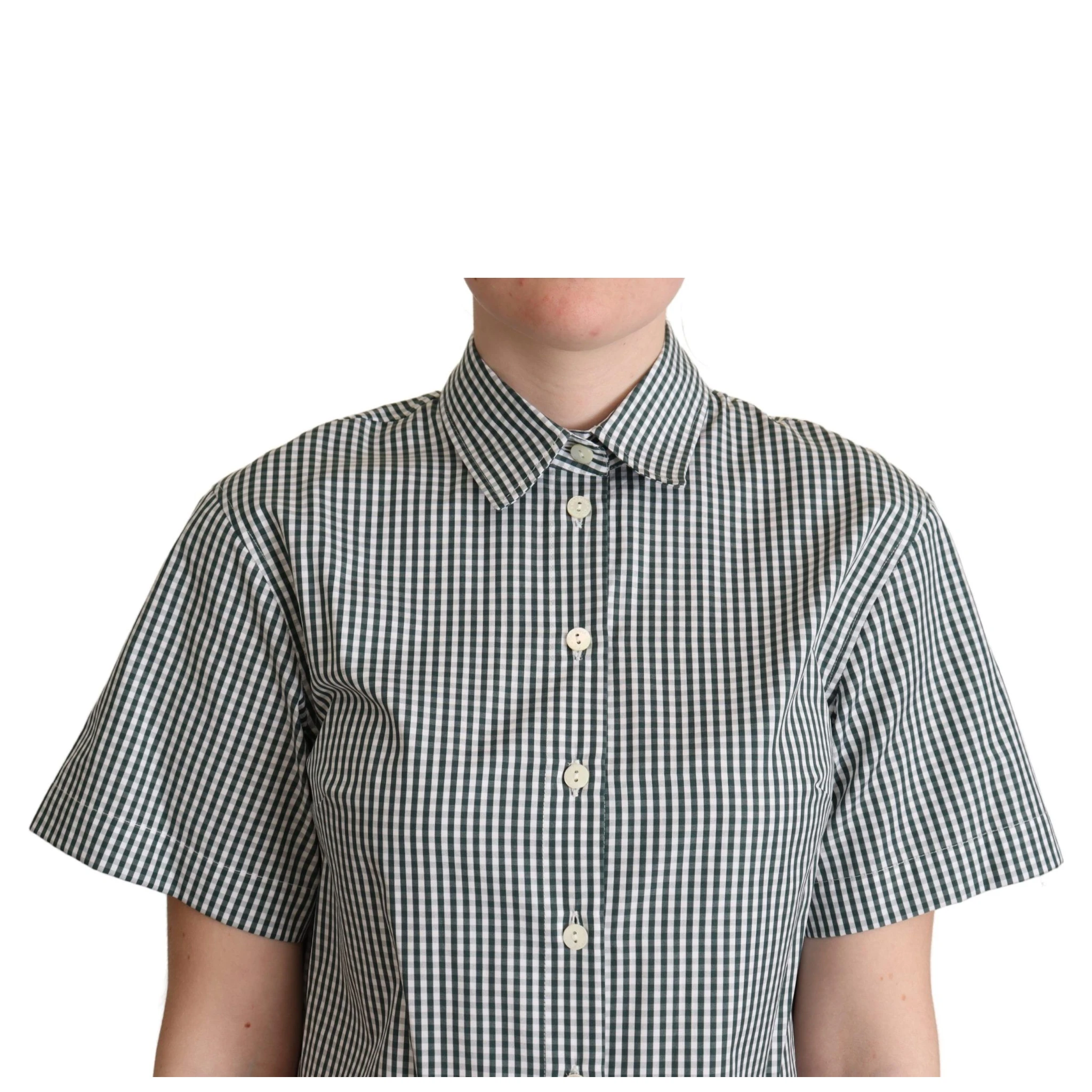 White Green Cotton Check Shirt Blouse Top