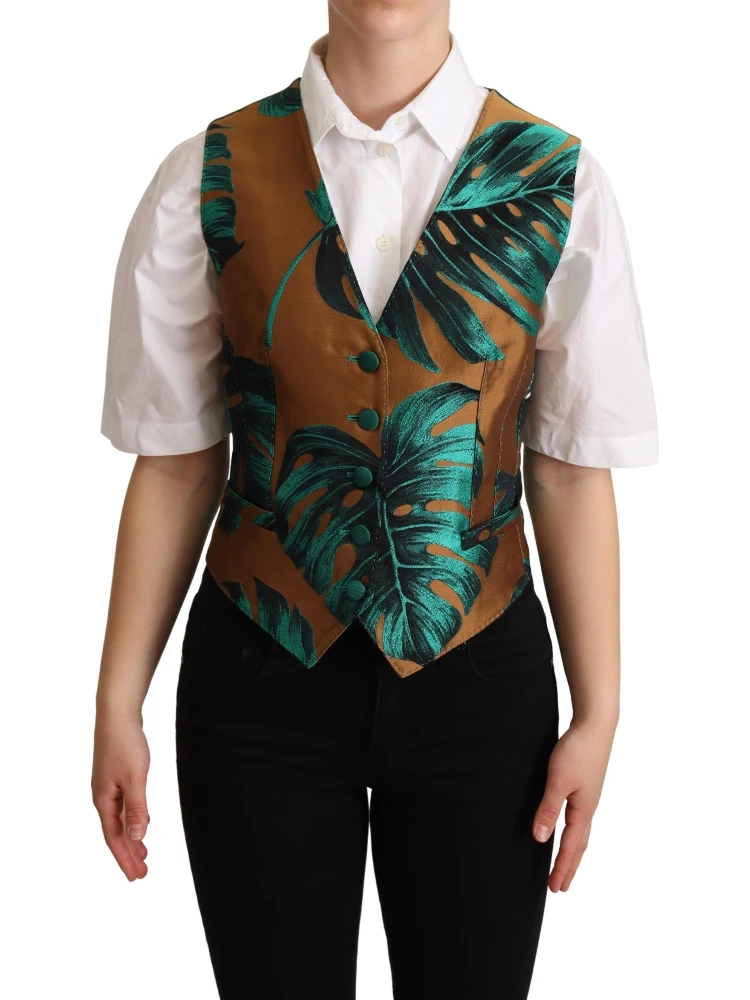 Green Jacquard Leaf Gold Waistcoat Vest