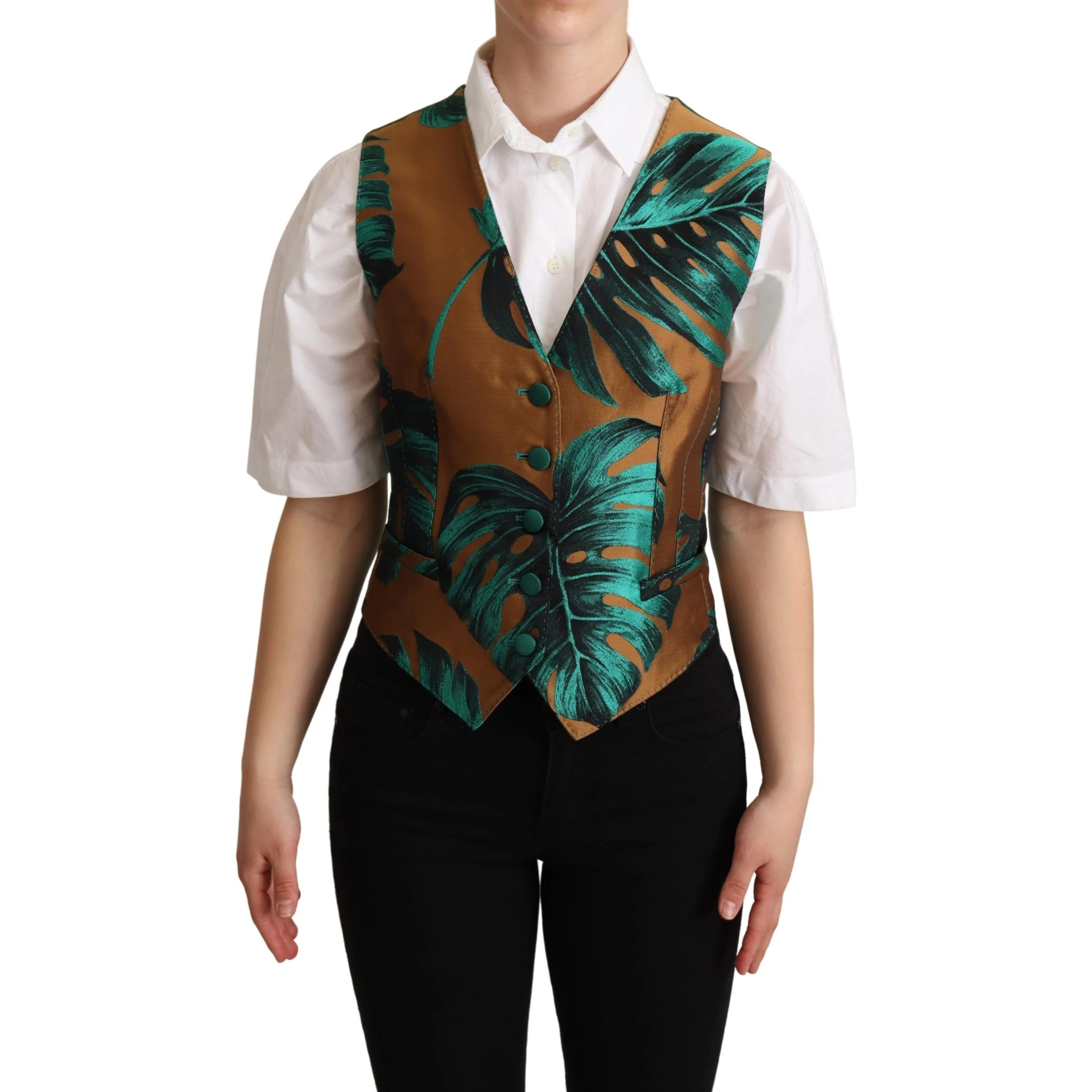 Green Jacquard Leaf Gold Waistcoat Vest