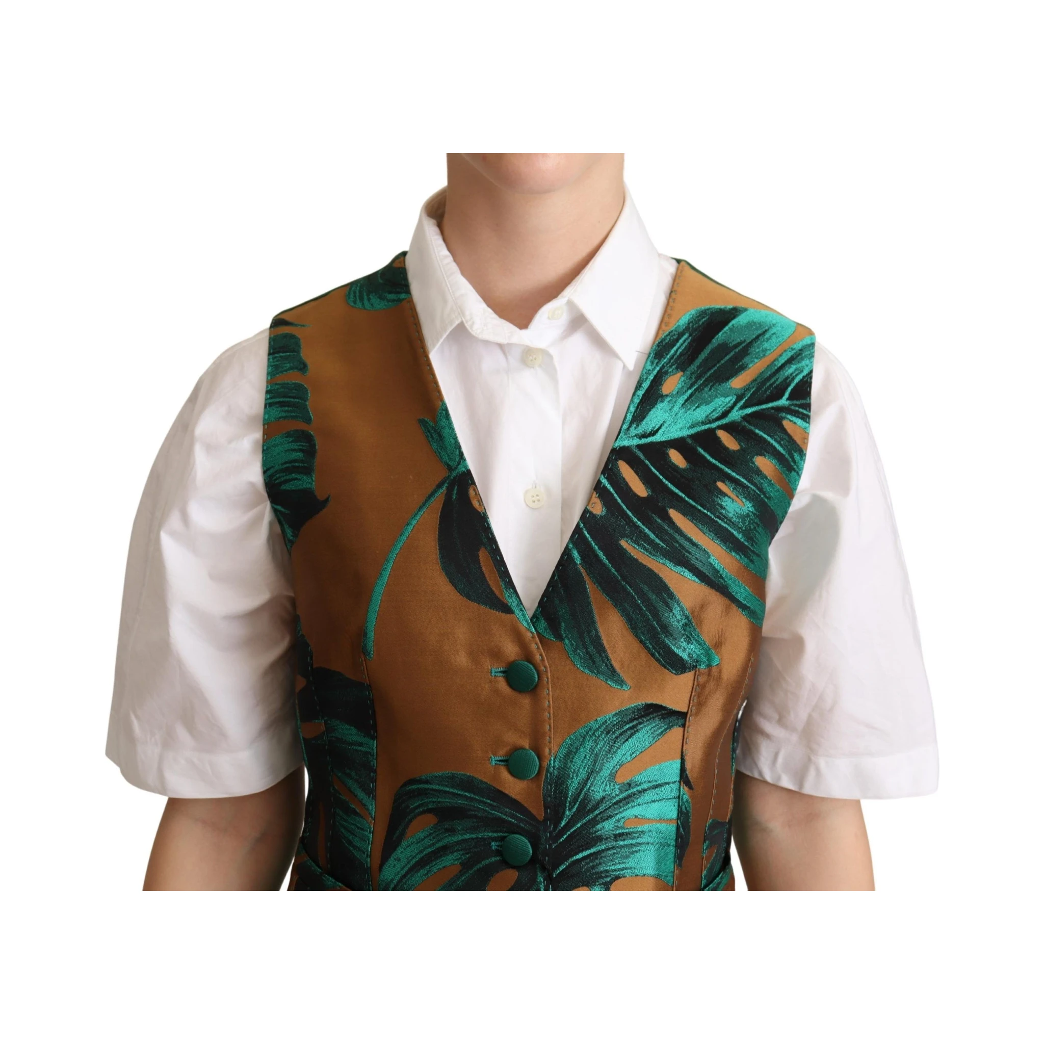 Green Jacquard Leaf Gold Waistcoat Vest