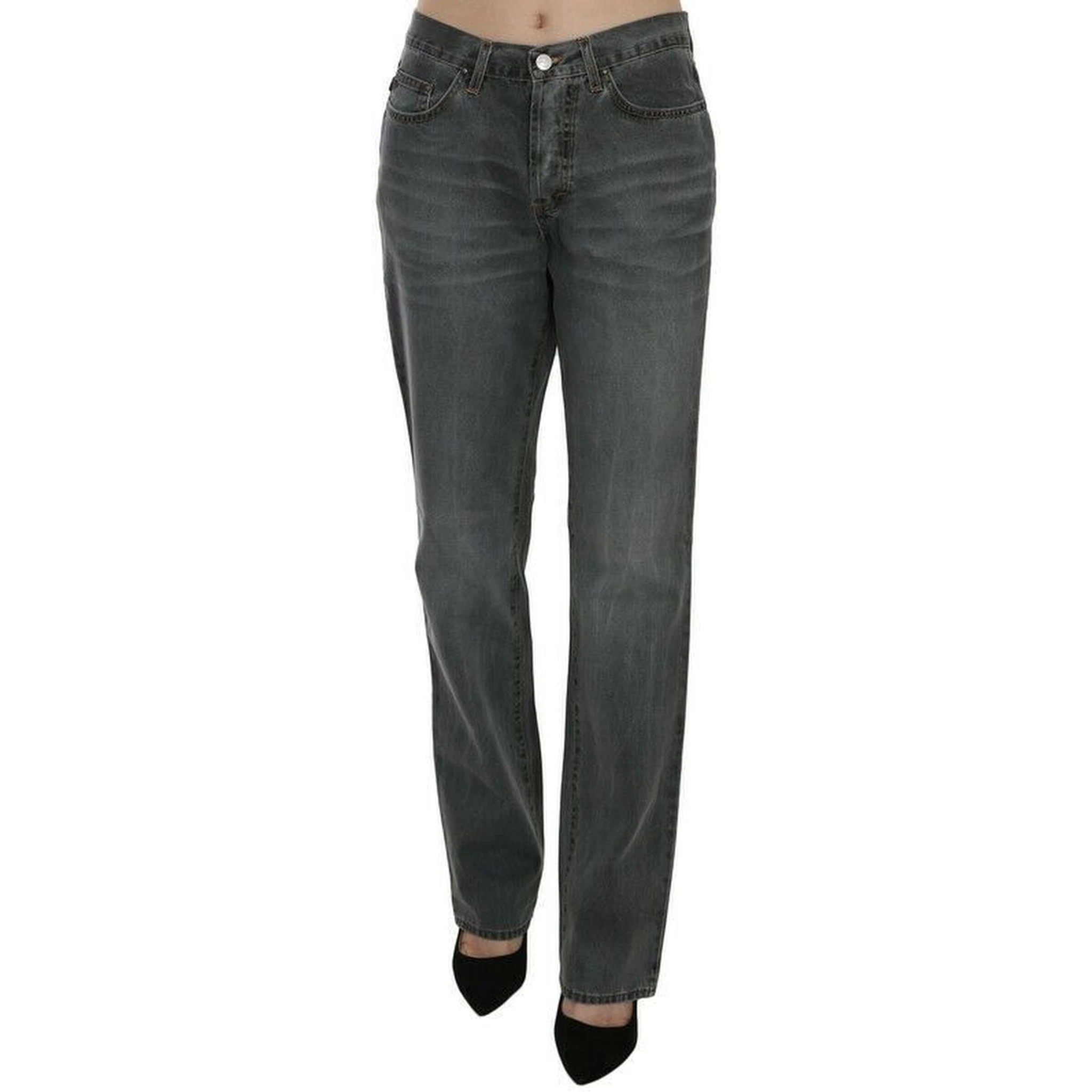 Gray Washed Mid Waist Straight Denim Pants Jeans