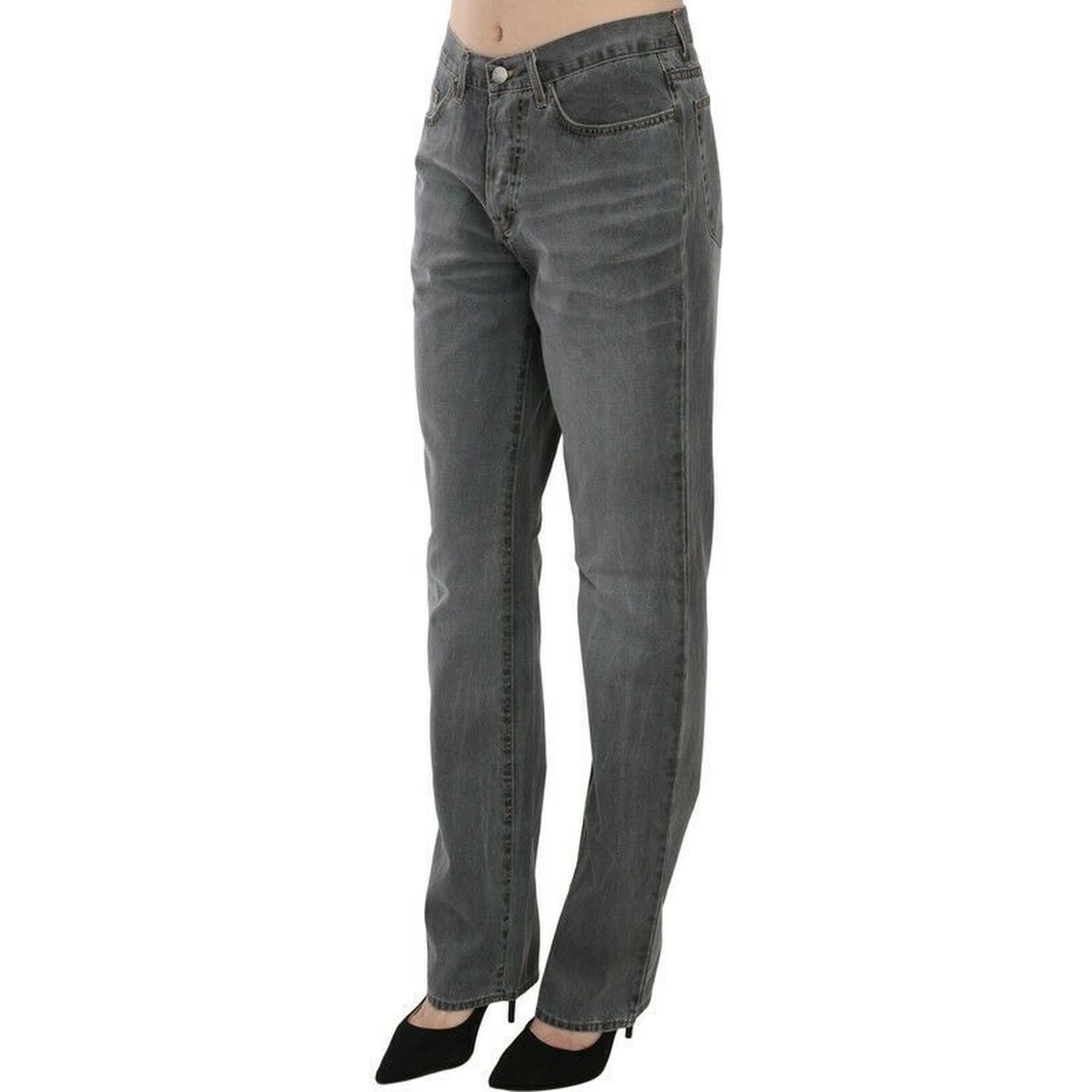 Gray Washed Mid Waist Straight Denim Pants Jeans