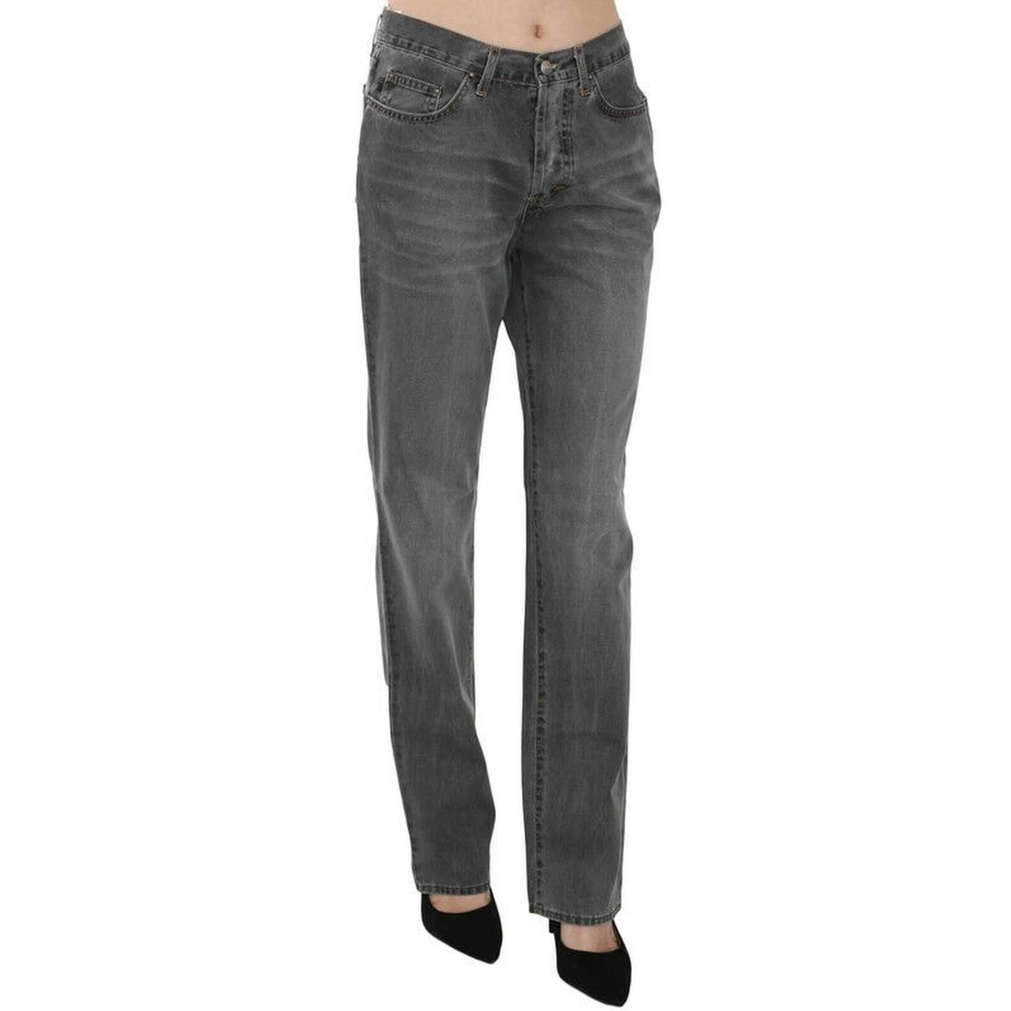Gray Washed Mid Waist Straight Denim Pants Jeans