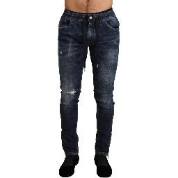 Blue Cotton Stretch Tattered Denim Jeans