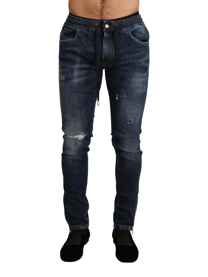 Blue Cotton Stretch Tattered Denim Jeans