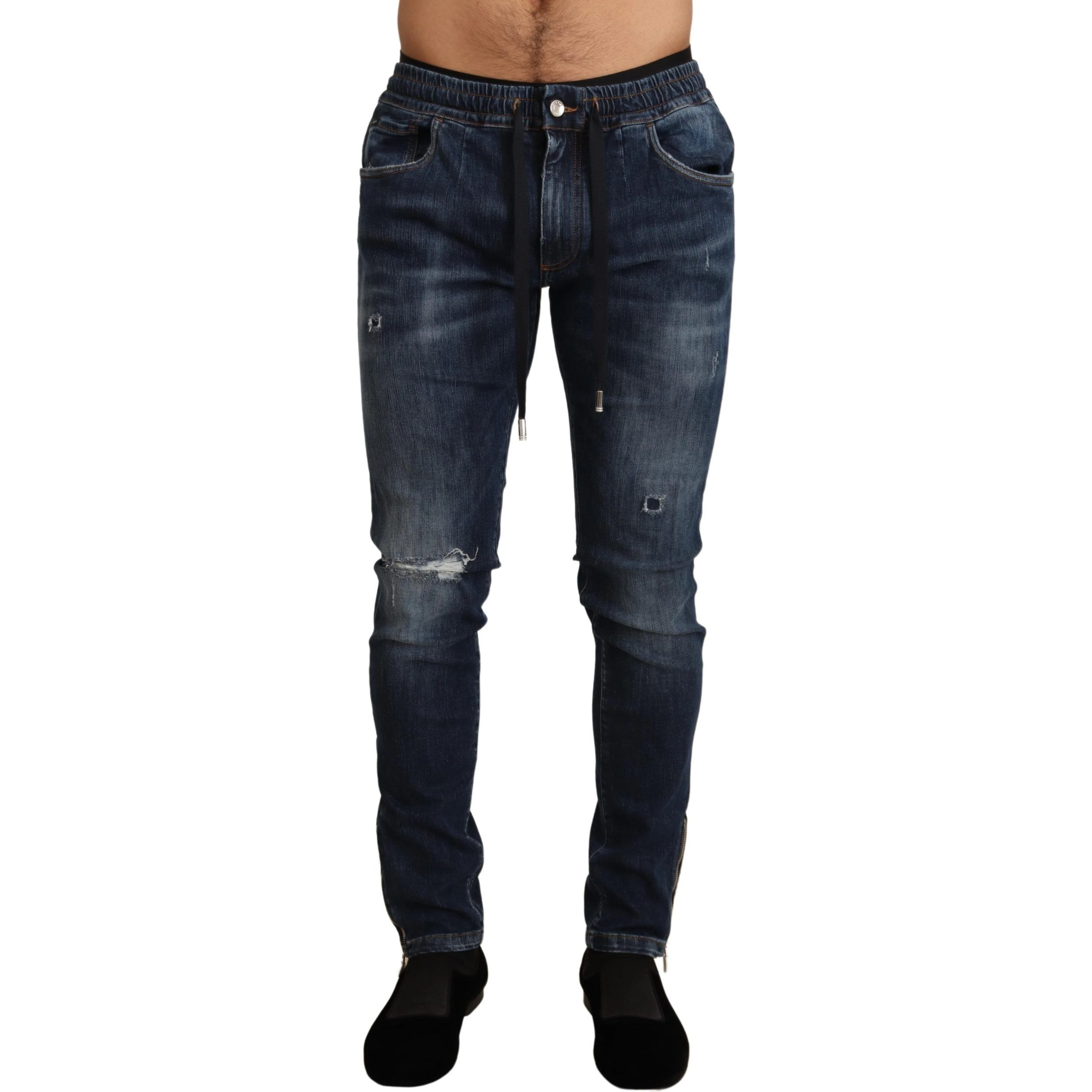 Blue Cotton Stretch Tattered Denim Jeans