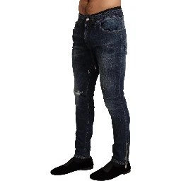 Blue Cotton Stretch Tattered Denim Jeans