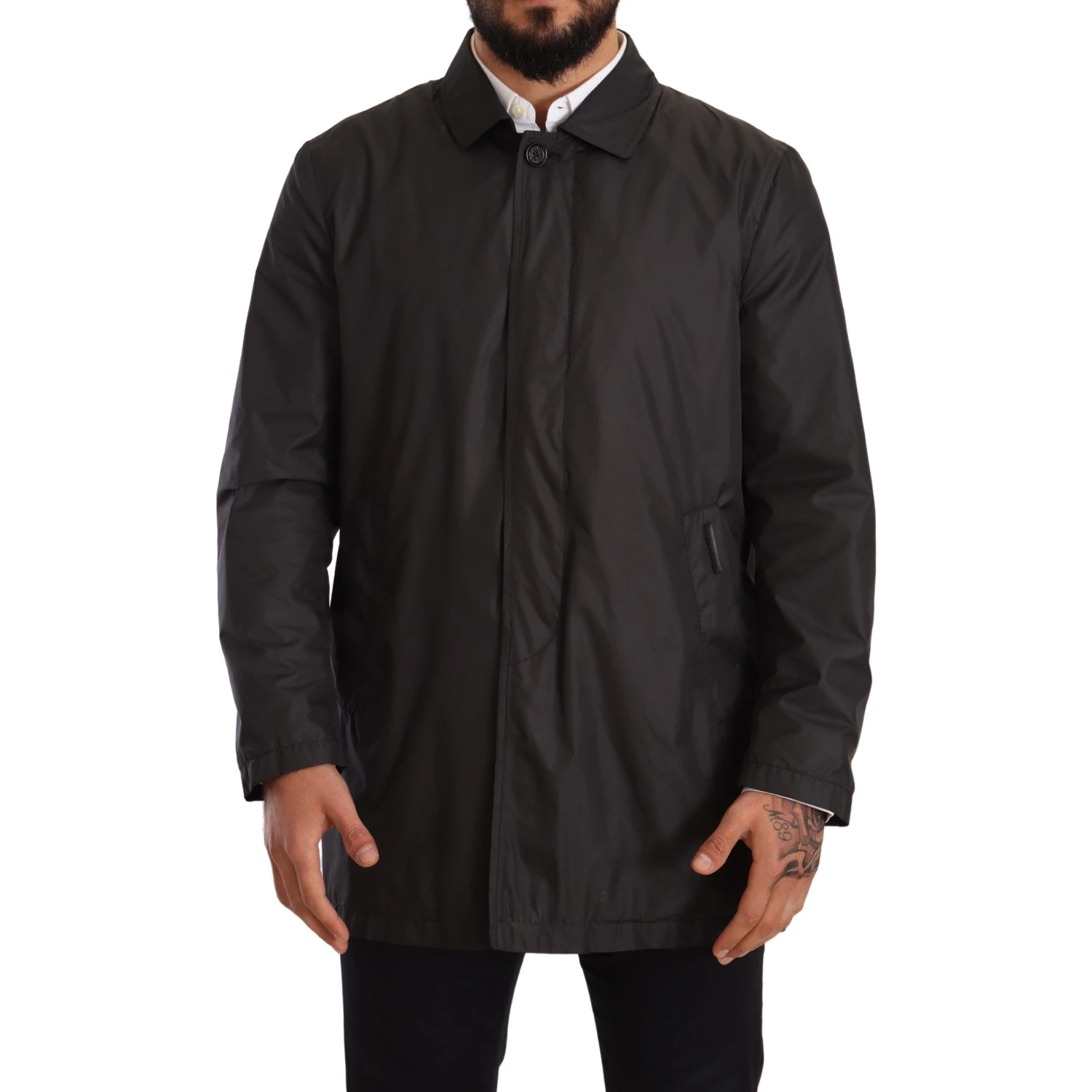 Black Polyester Mens Trench Coat Jacket