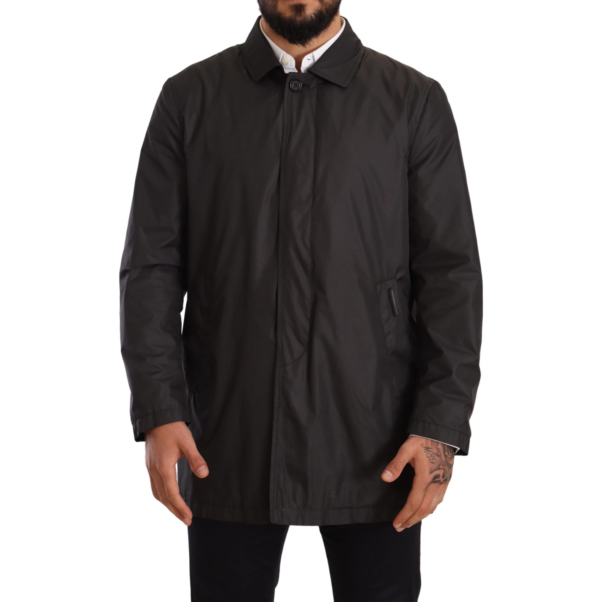 Black Polyester Mens Trench Coat Jacket