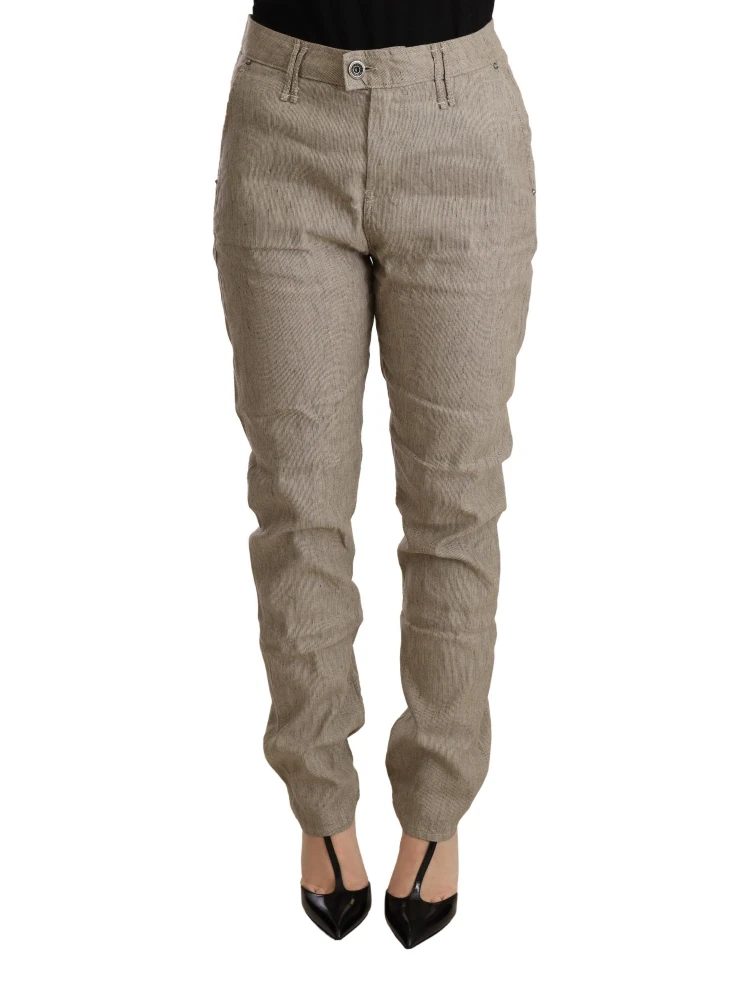 Beige Mid Waist Casual Baggy Stretch Trouser