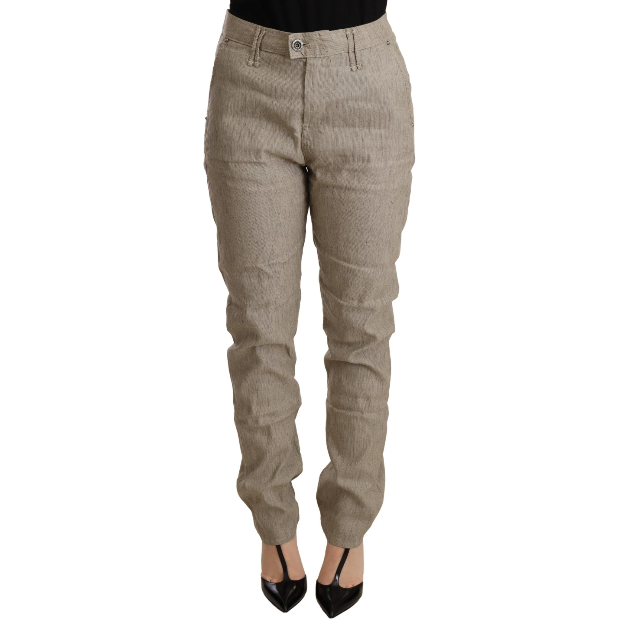 Beige Mid Waist Casual Baggy Stretch Trouser