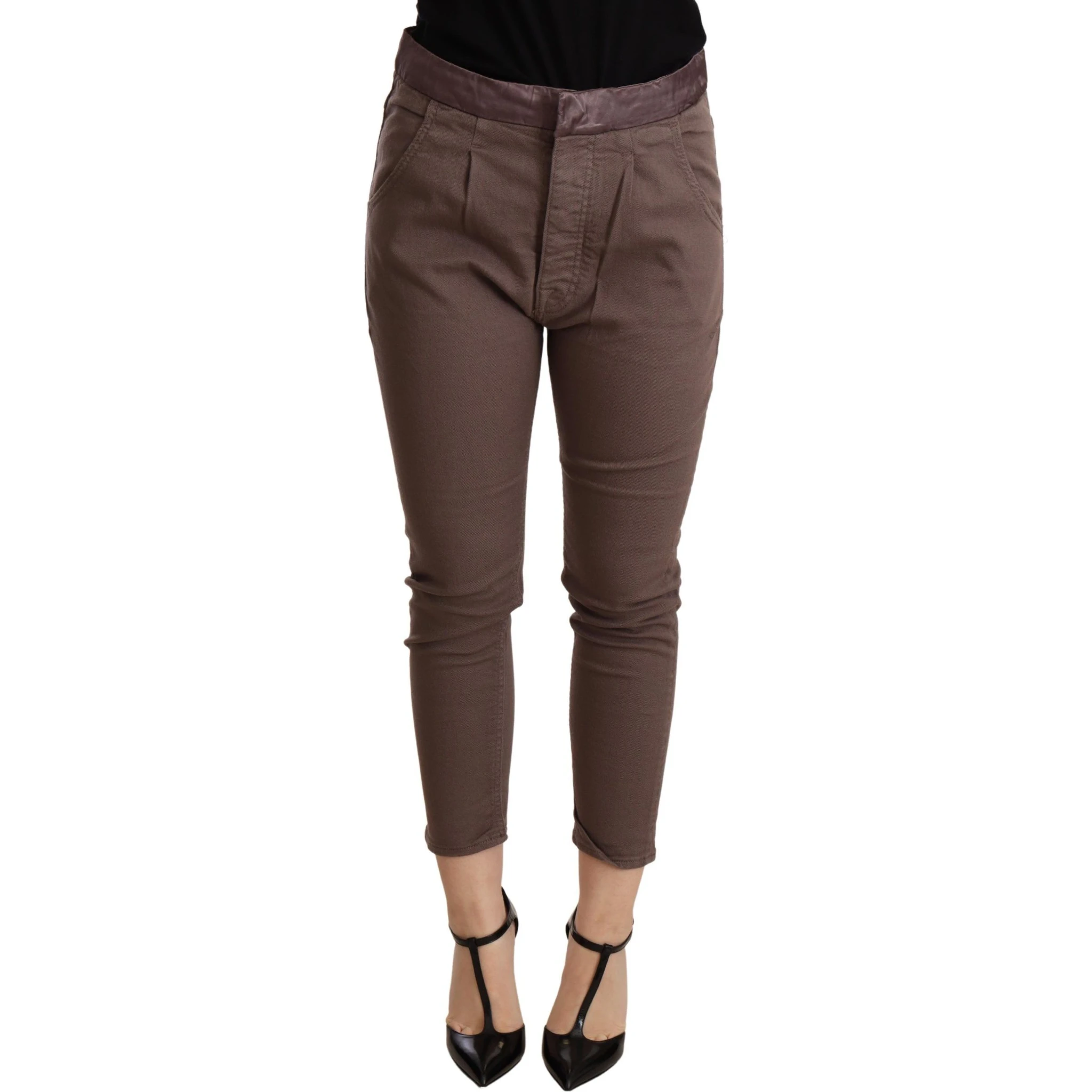 Brown Mid Waist Cropped Skinny Stretch Trouser
