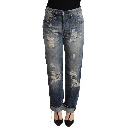 Blue Tattered Mid Waist Straight Denim Trouser