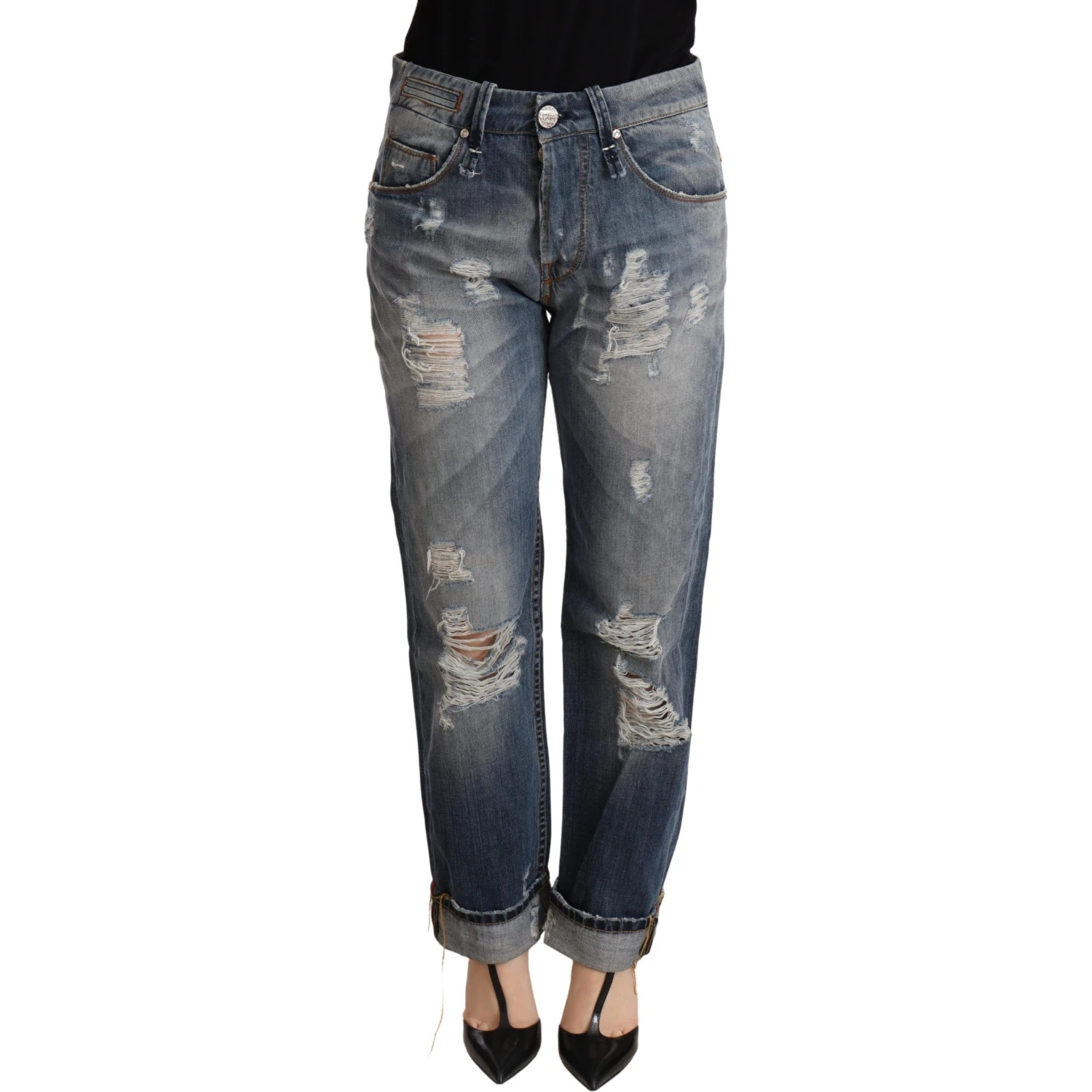 Blue Tattered Mid Waist Straight Denim Trouser