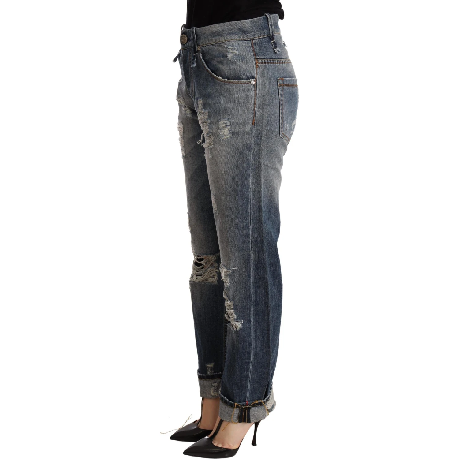 Blue Tattered Mid Waist Straight Denim Trouser