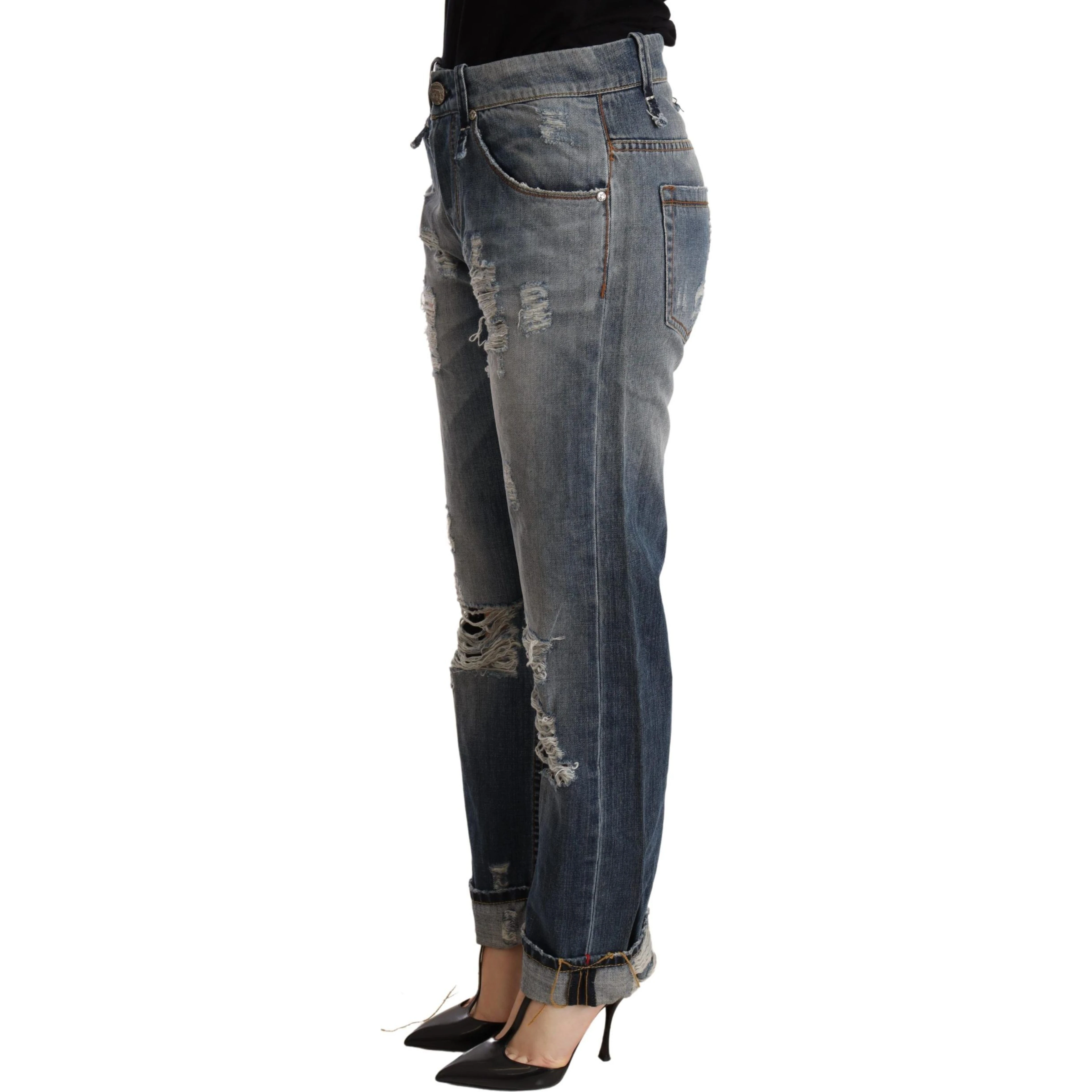 Blue Tattered Mid Waist Straight Denim Trouser