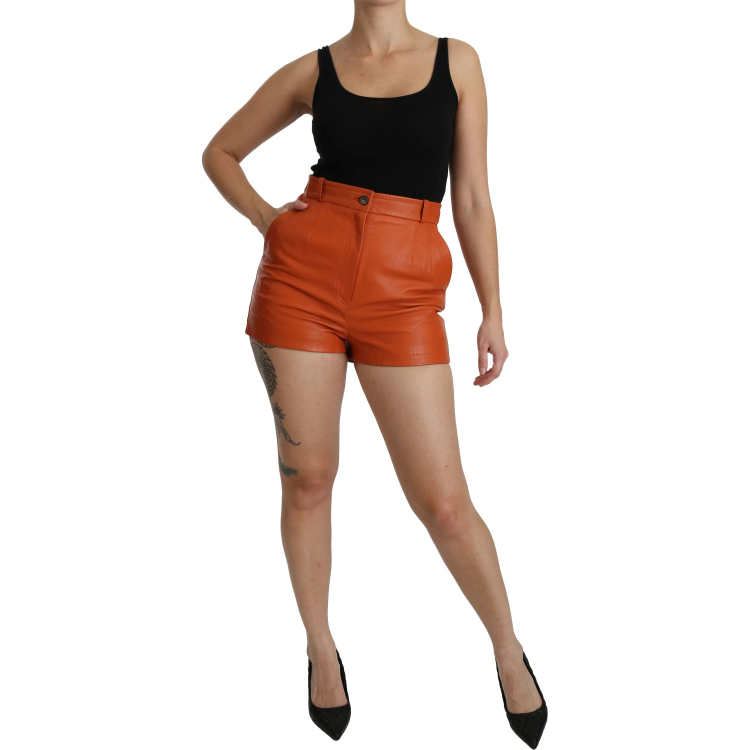 Orange Leather High Waist Hot Pants Shorts