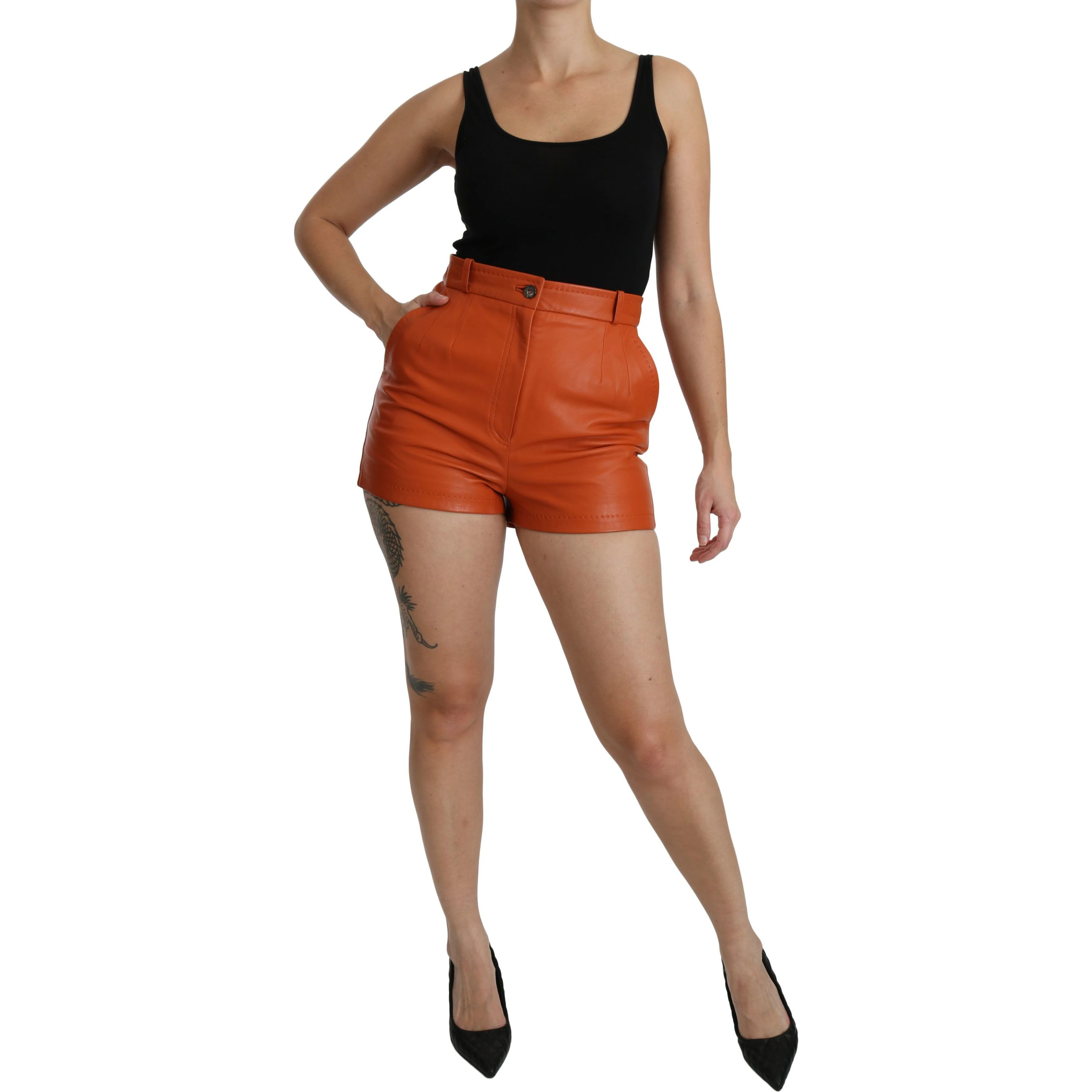 Orange Leather High Waist Hot Pants Shorts