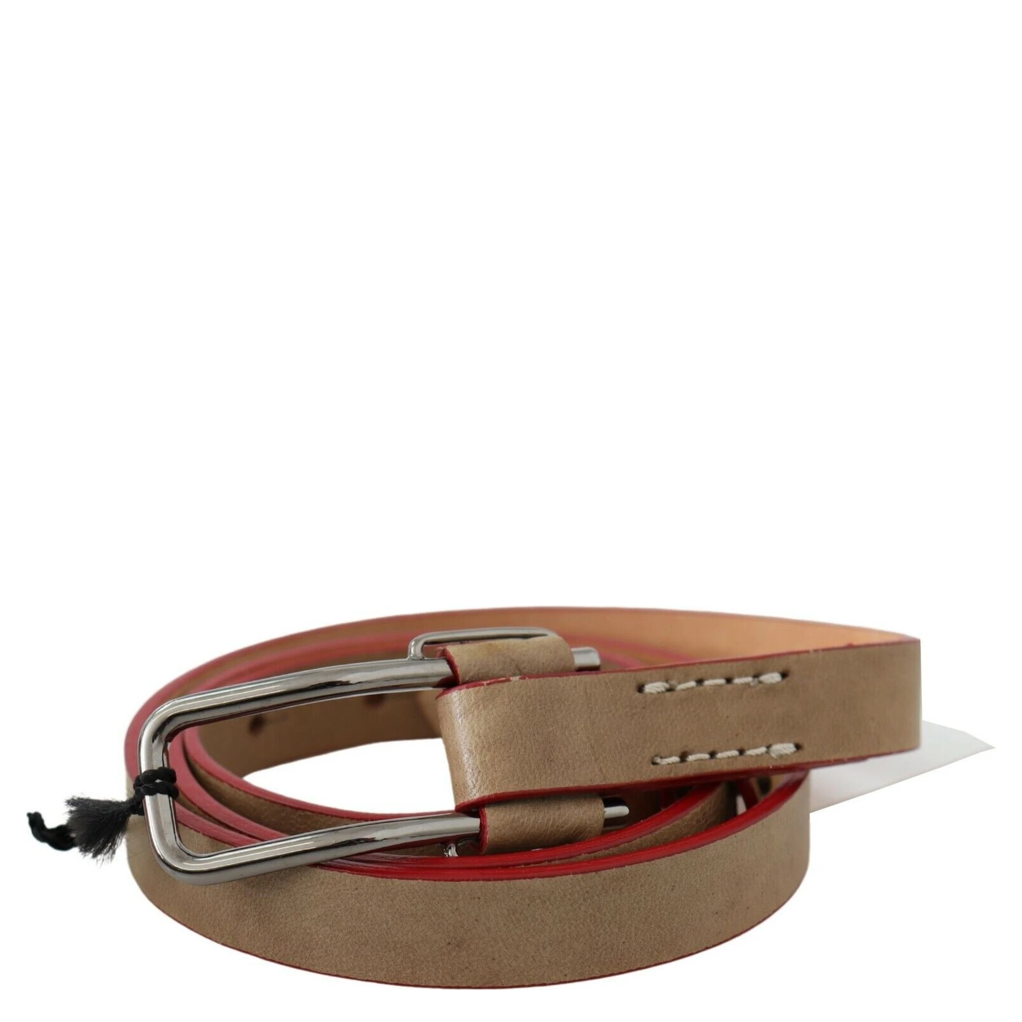 Beige Leather Silver Logo Buckle Waist Belt