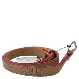 Beige Leather Silver Logo Buckle Waist Belt