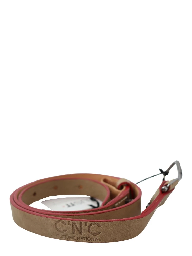 Beige Leather Silver Logo Buckle Waist Belt alternative