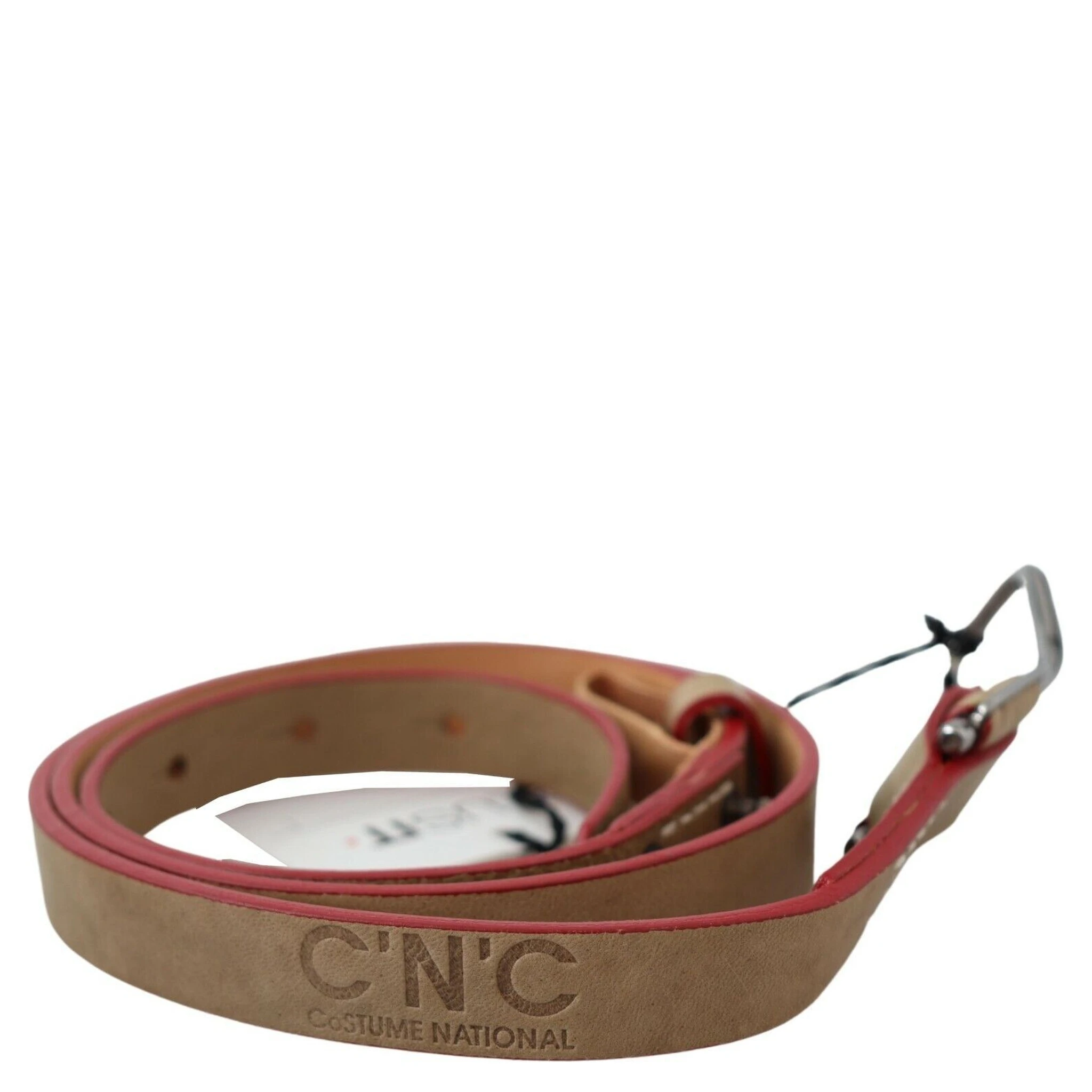 Beige Leather Silver Logo Buckle Waist Belt