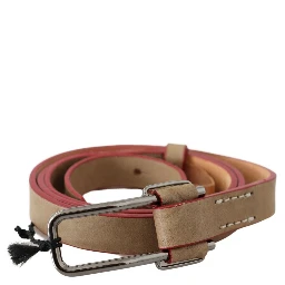 Beige Leather Silver Logo Buckle Waist Belt