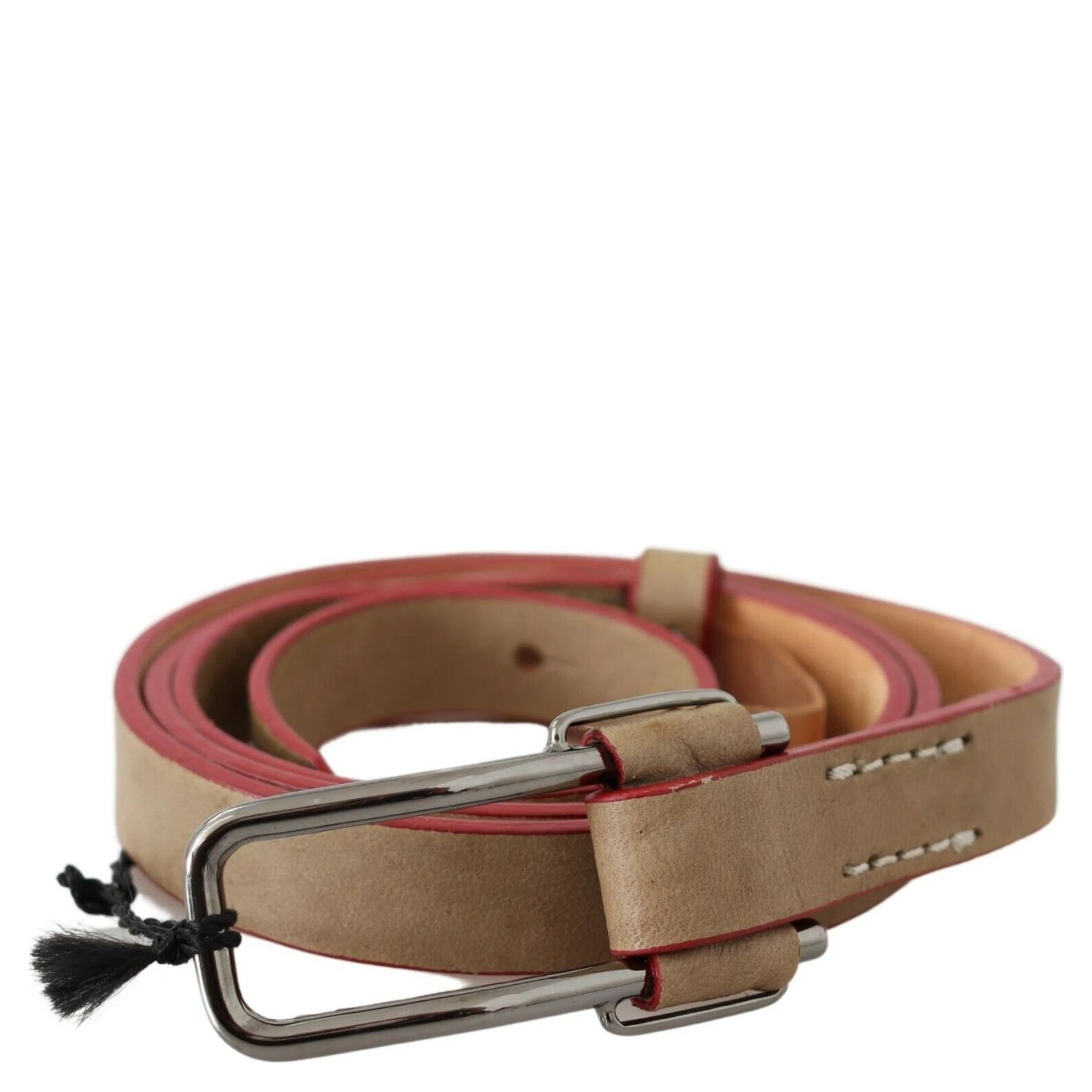 Beige Leather Silver Logo Buckle Waist Belt