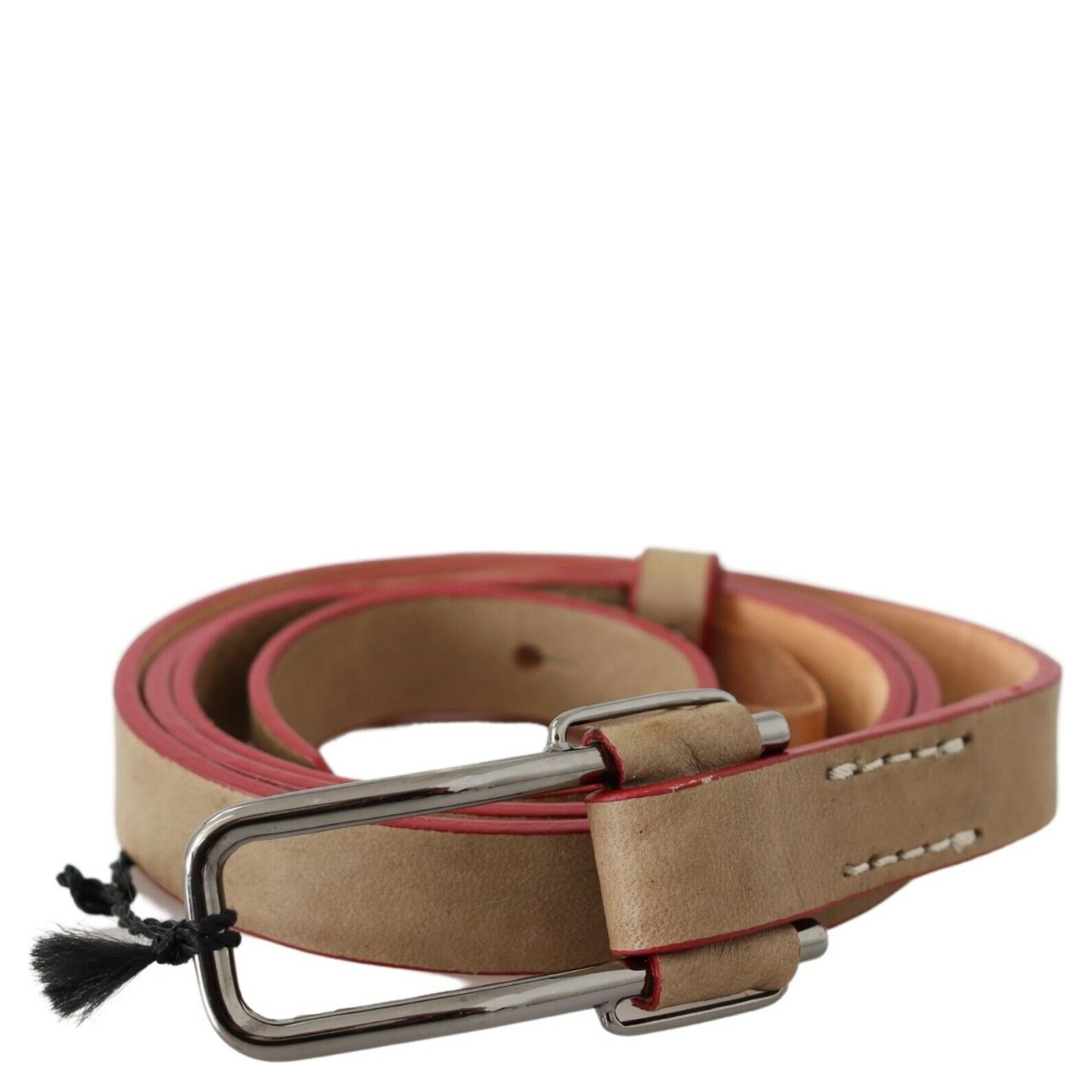 Beige Leather Silver Logo Buckle Waist Belt