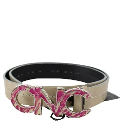 Beige Leather Pink Letter Logo Buckle Belt