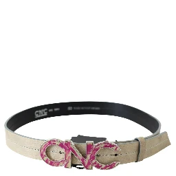 Beige Leather Pink Letter Logo Buckle Belt